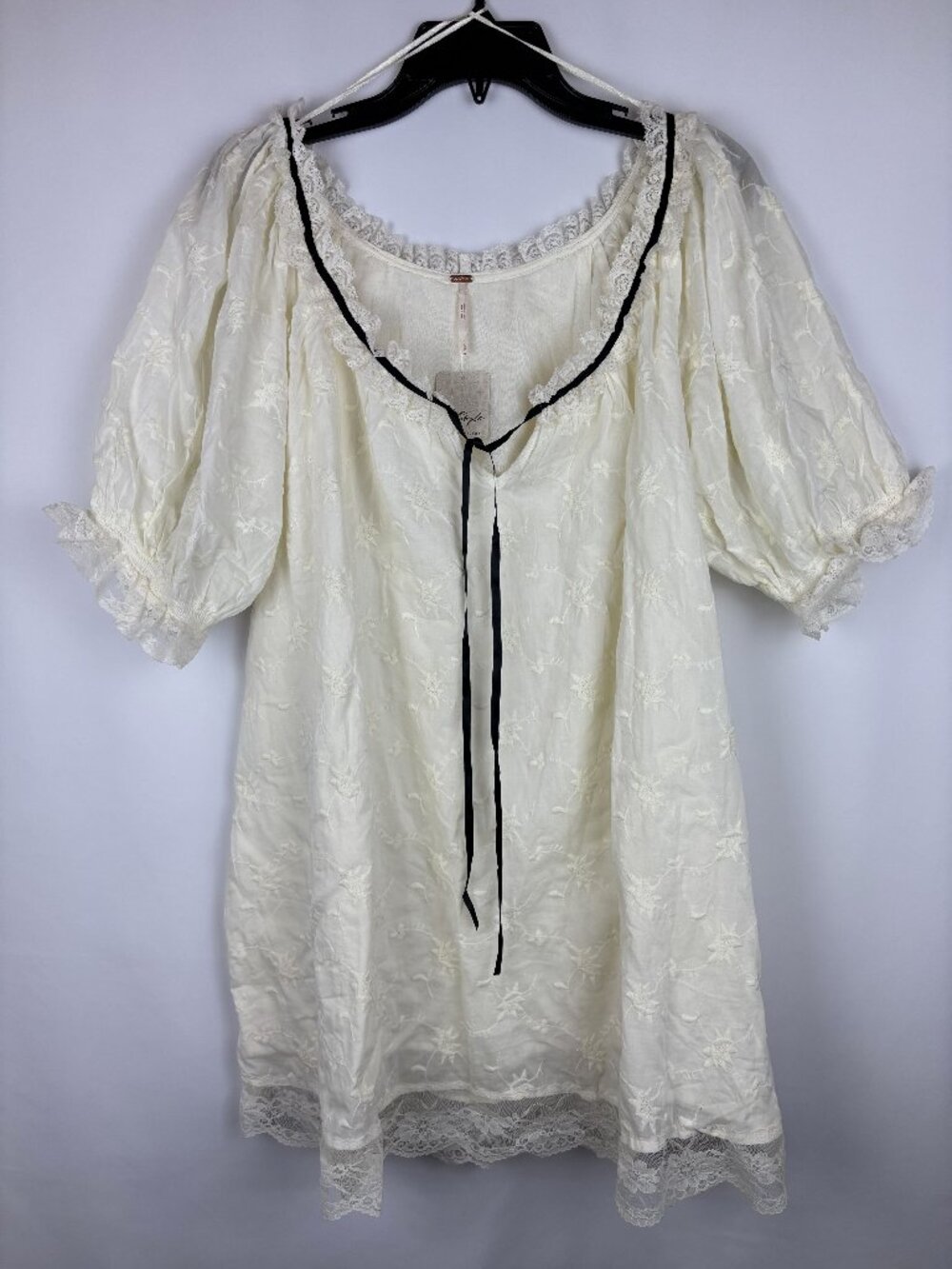 Large Free People Juno Mini Dress White Lace Embroidered Lined Puff Short Sleeve